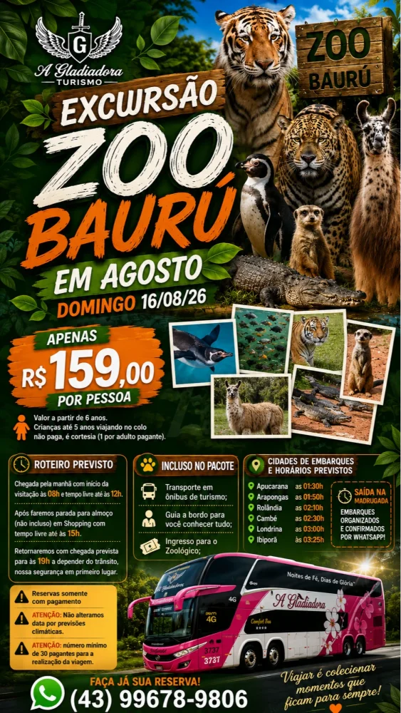 Zoo Baurú 16/08/2026 (domingo)